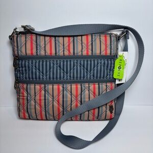 NEW SAKROOTS Artist Circle Zen Crossbody Bag Purse Vintage Stripe Triple Zip Owl